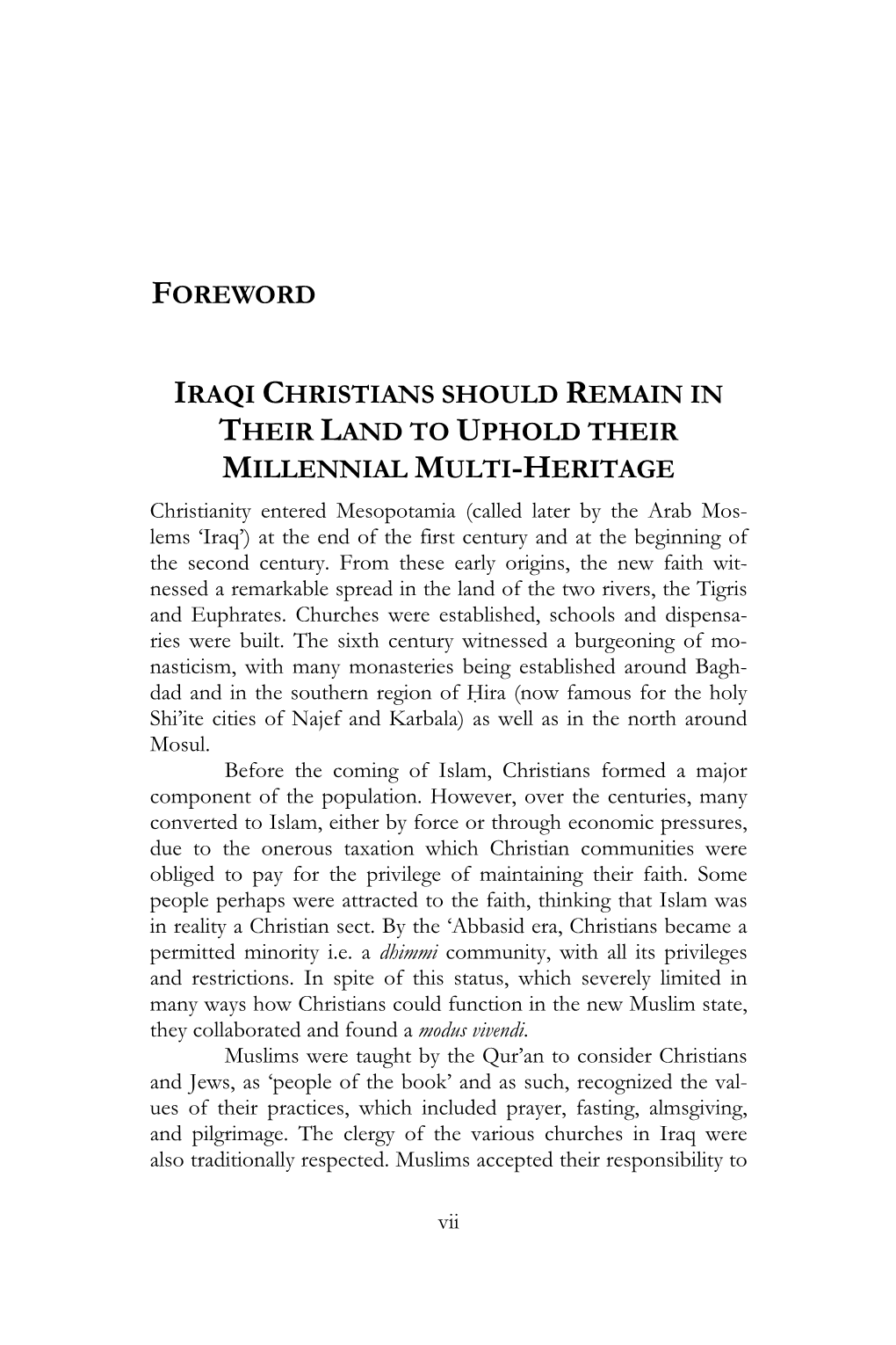 Foreword Iraqi Christians Should Remain in Their Land