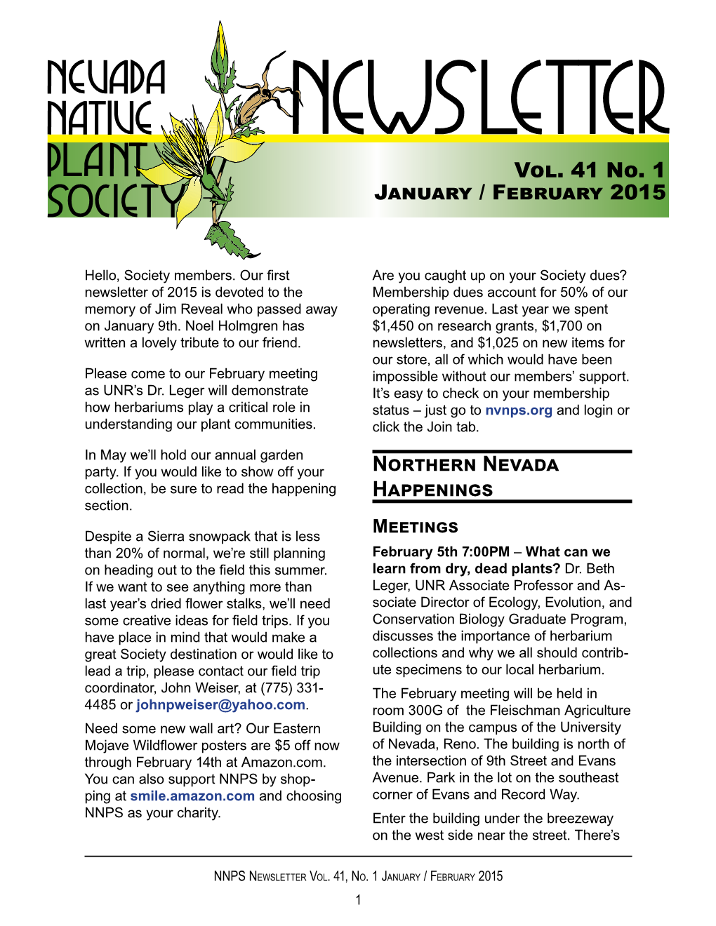 Northern Nevada Happenings Vol. 41 No. 1 January / February 2015