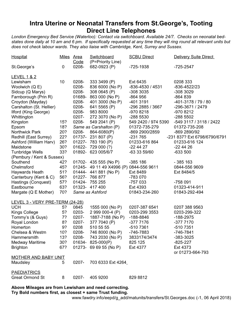 Intra Uterine Transfers from St.George's, Tooting