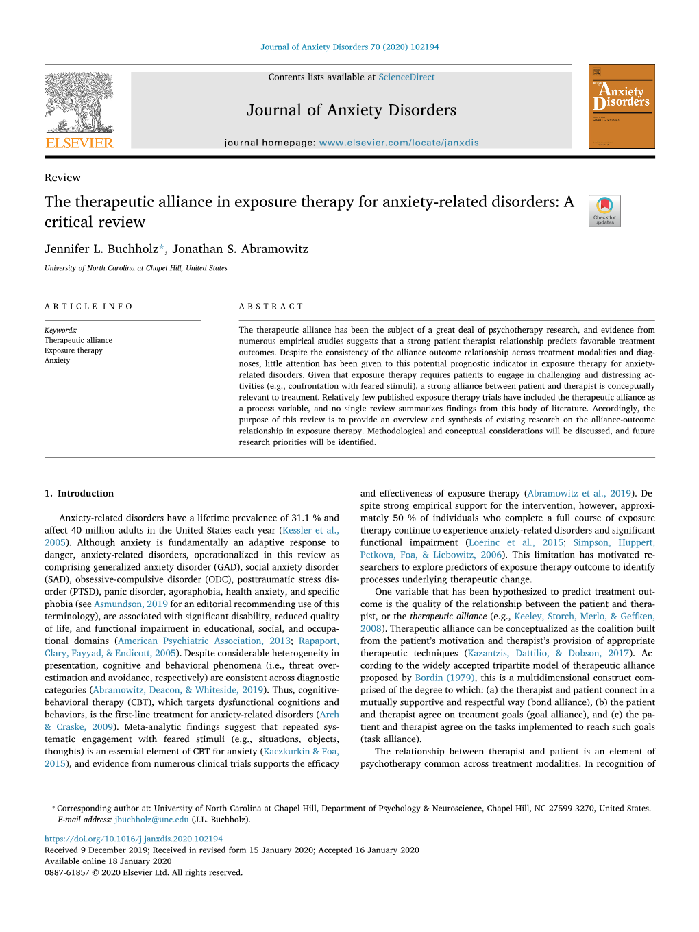 The Therapeutic Alliance in Exposure Therapy for Anxiety-Related Disorders: a Critical Review T