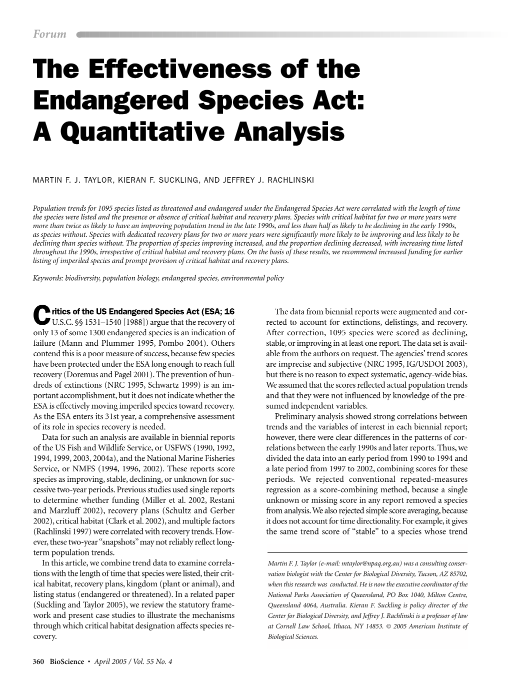 The Effectiveness of the Endangered Species Act: a Quantitative Analysis