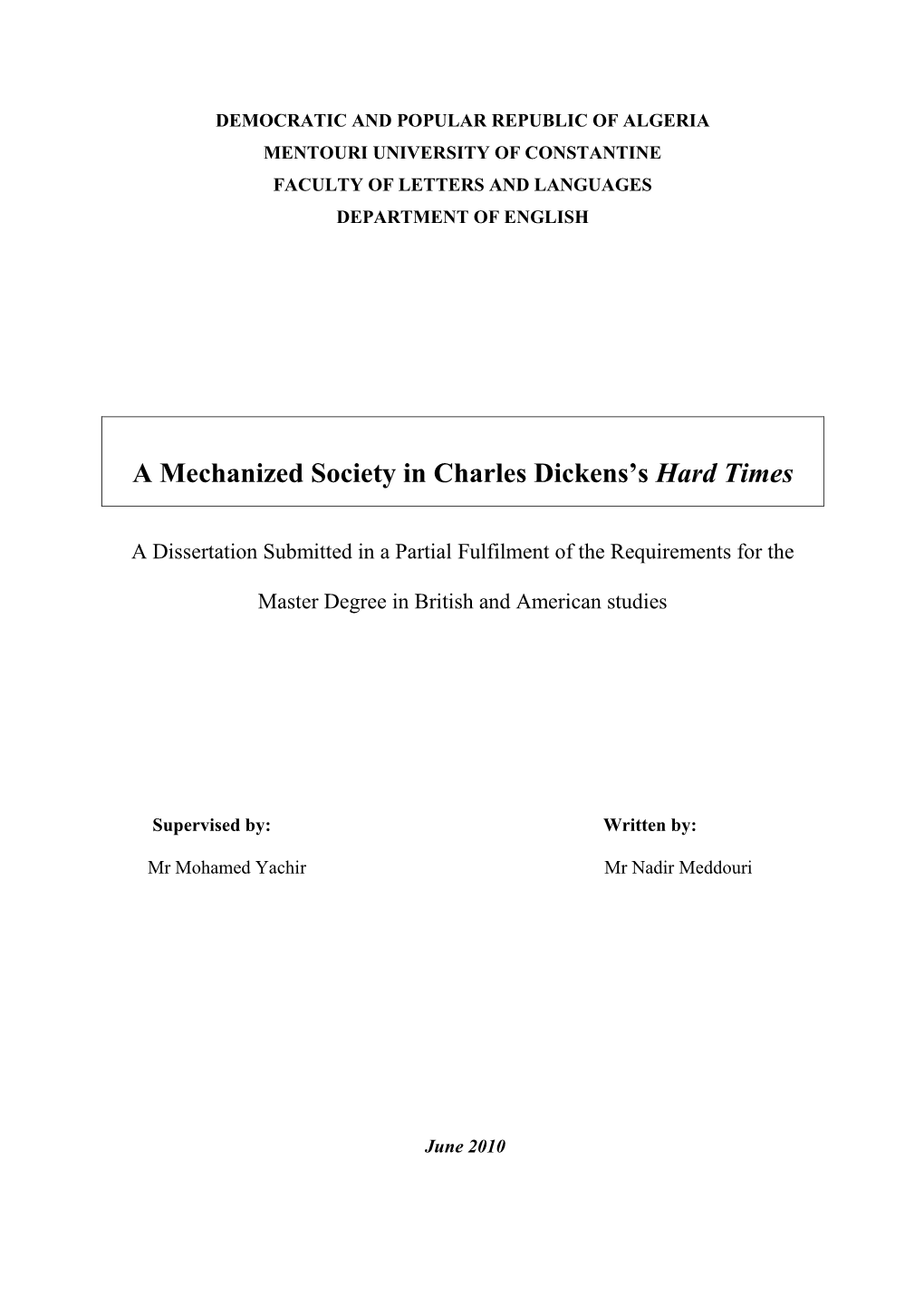 A Mechanized Society in Charles Dickens's Hard Times