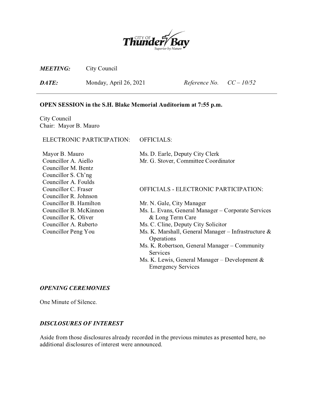 April 26, 2021 City Council Meeting, We Recommend That the Agenda As Printed, Including Any Additional Information and New Business, Be Confirmed