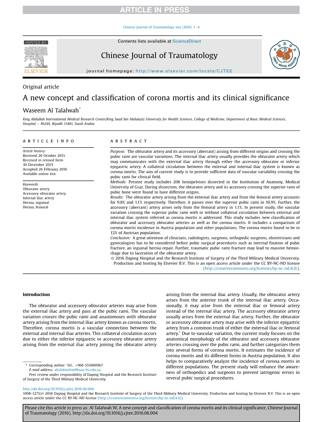 A New Concept and Classification of Corona Mortis and Its Clinical