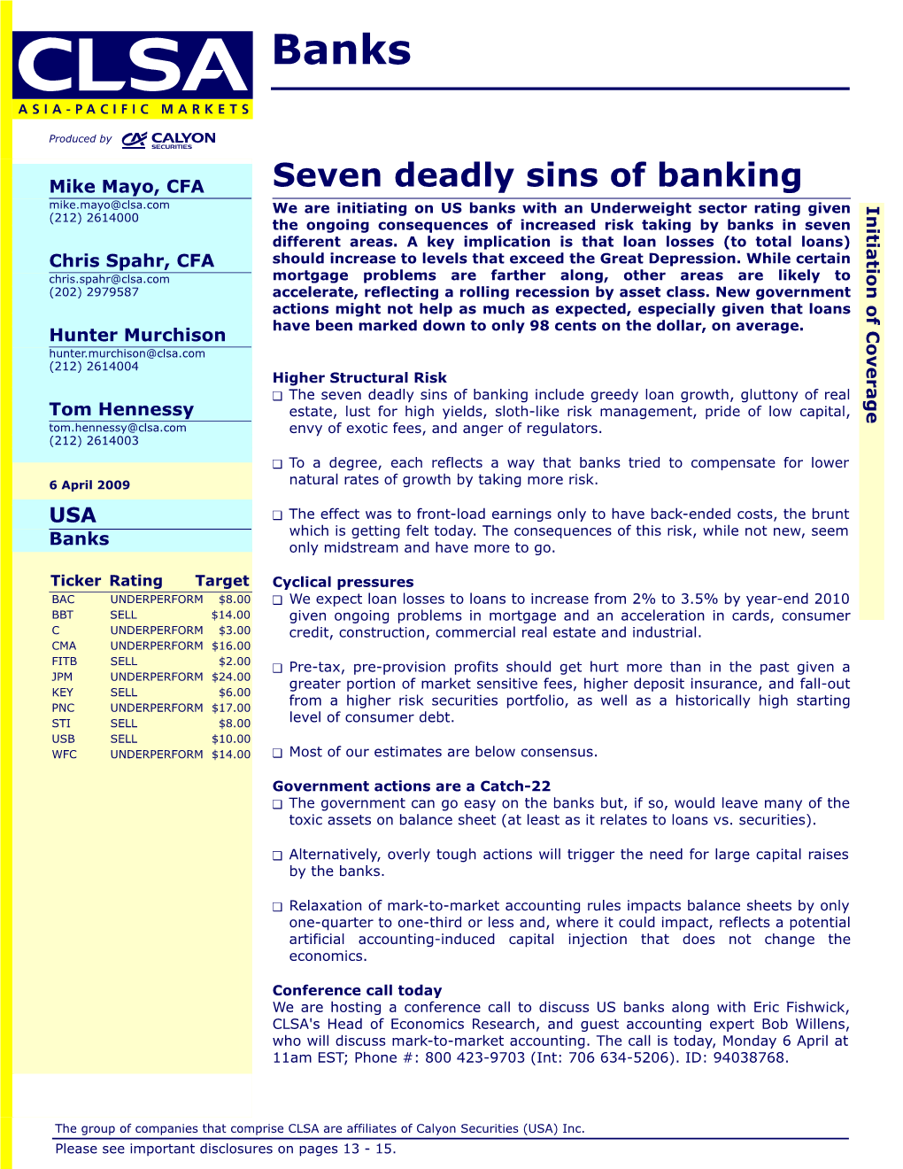 Seven Deadly Sins of Banking