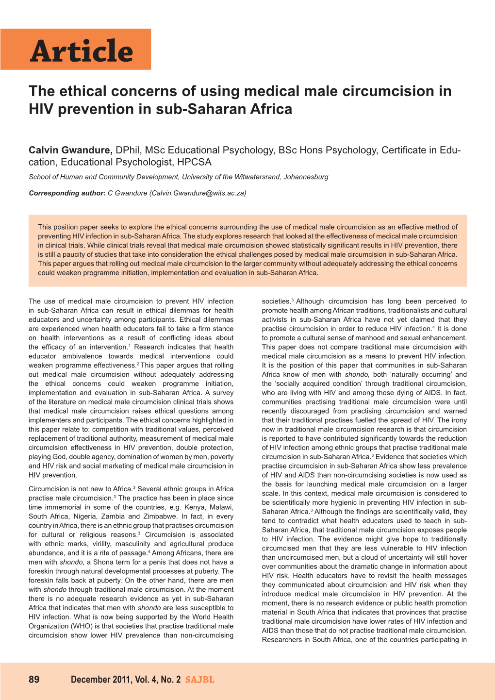 Article the Ethical Concerns of Using Medical Male Circumcision in HIV Prevention in Sub-Saharan Africa