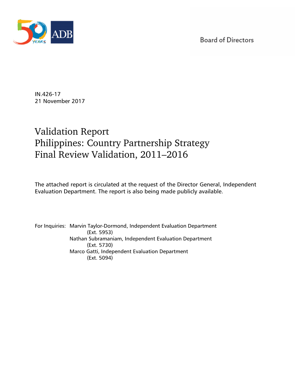 Country Partnership Strategy Final Review Validation, 2011–2016