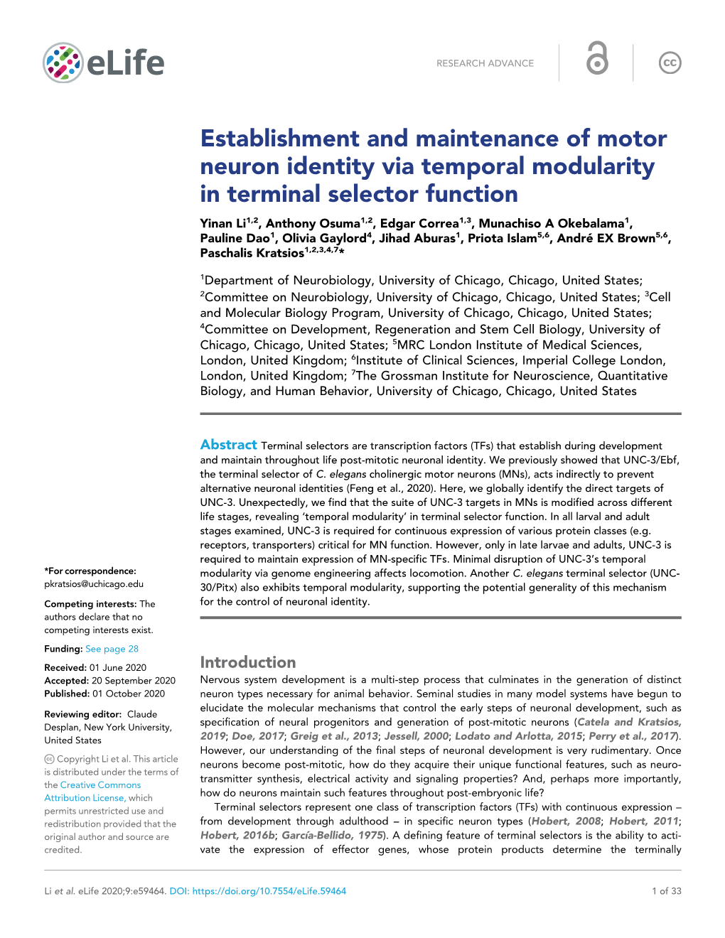 Establishment and Maintenance of Motor Neuron Identity Via Temporal