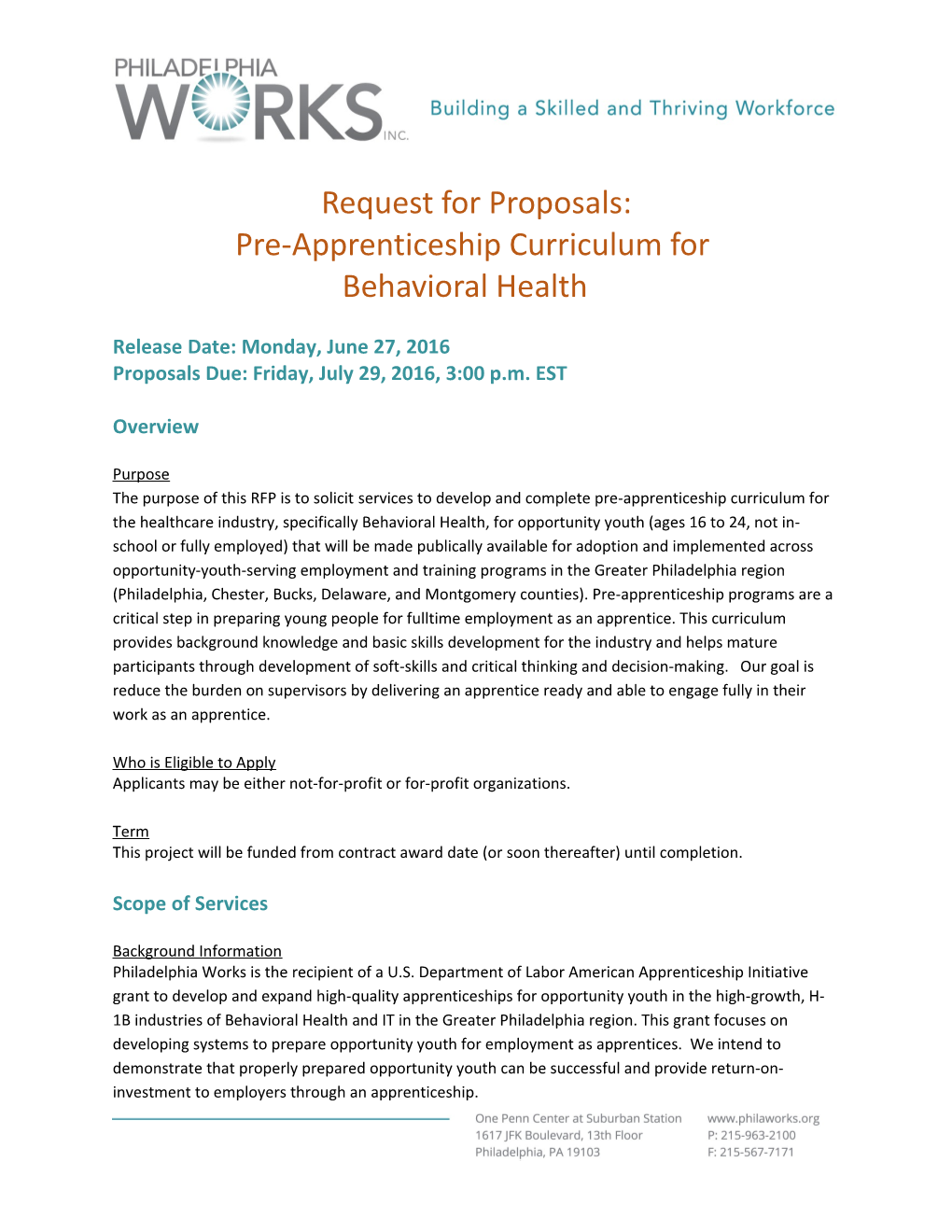 Behavioral Health Pre-Apprenticeship Curriculum RFP, P. 3