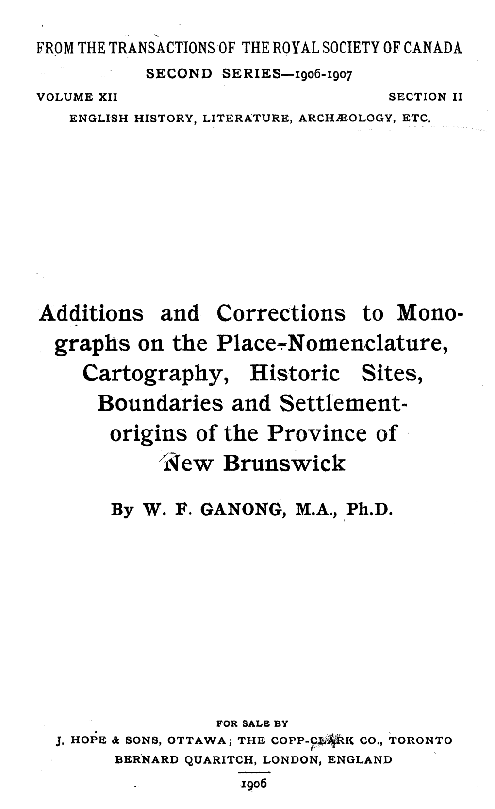 Graphs on the Placer-Nomenclature, Cartography, Historic Sites, Boundaries and Settlement- Origins of the Province of L^Ew Brunswick