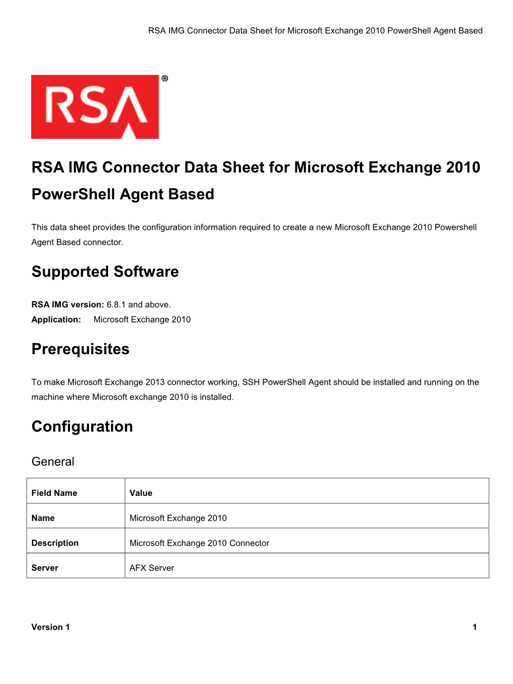 RSA IMG Connector Data Sheet for Microsoft Exchange 2010 Powershell Agent Based