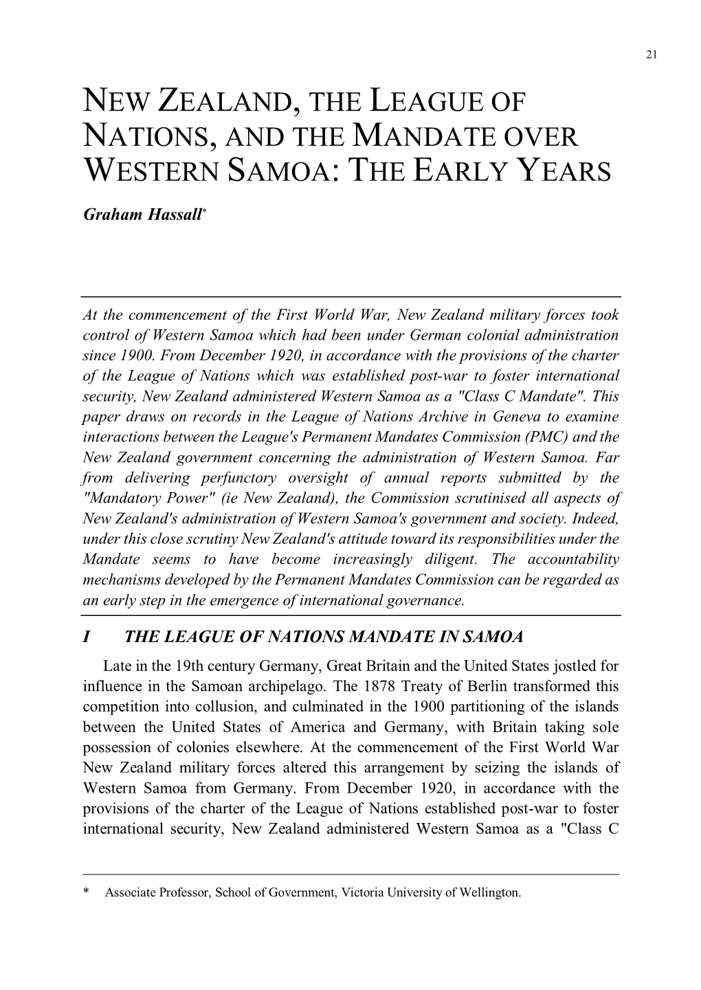 New Zealand, the League of Nations, and the Mandate Over Western Samoa: the Early Years