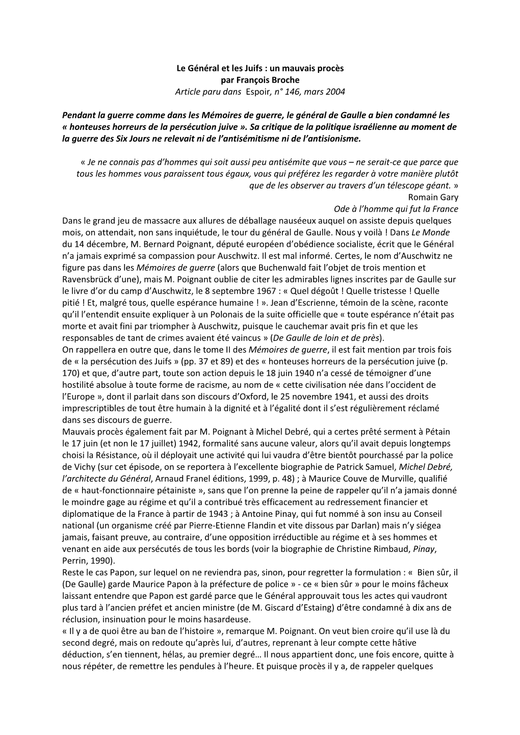 Le Général Et Les Juifs : Un Mauvais Procès Par François Broche Article Paru Dans Espoir, N° 146, Mars 2004