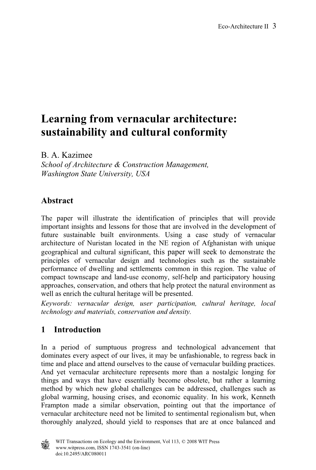 Learning from Vernacular Architecture: Sustainability and Cultural Conformity