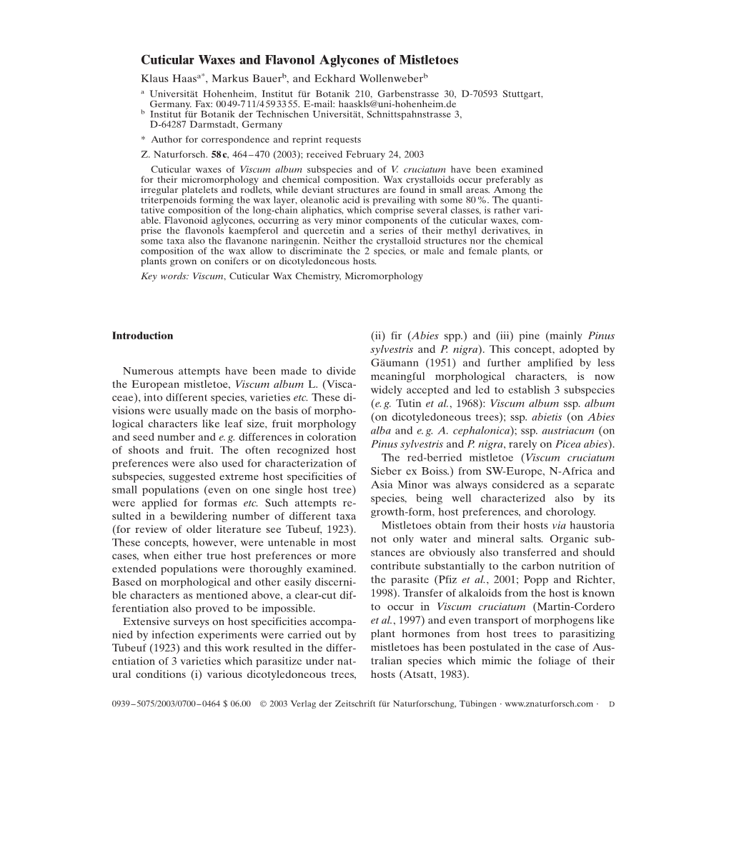 Cuticular Waxes and Flavonol Aglycones of Mistletoes