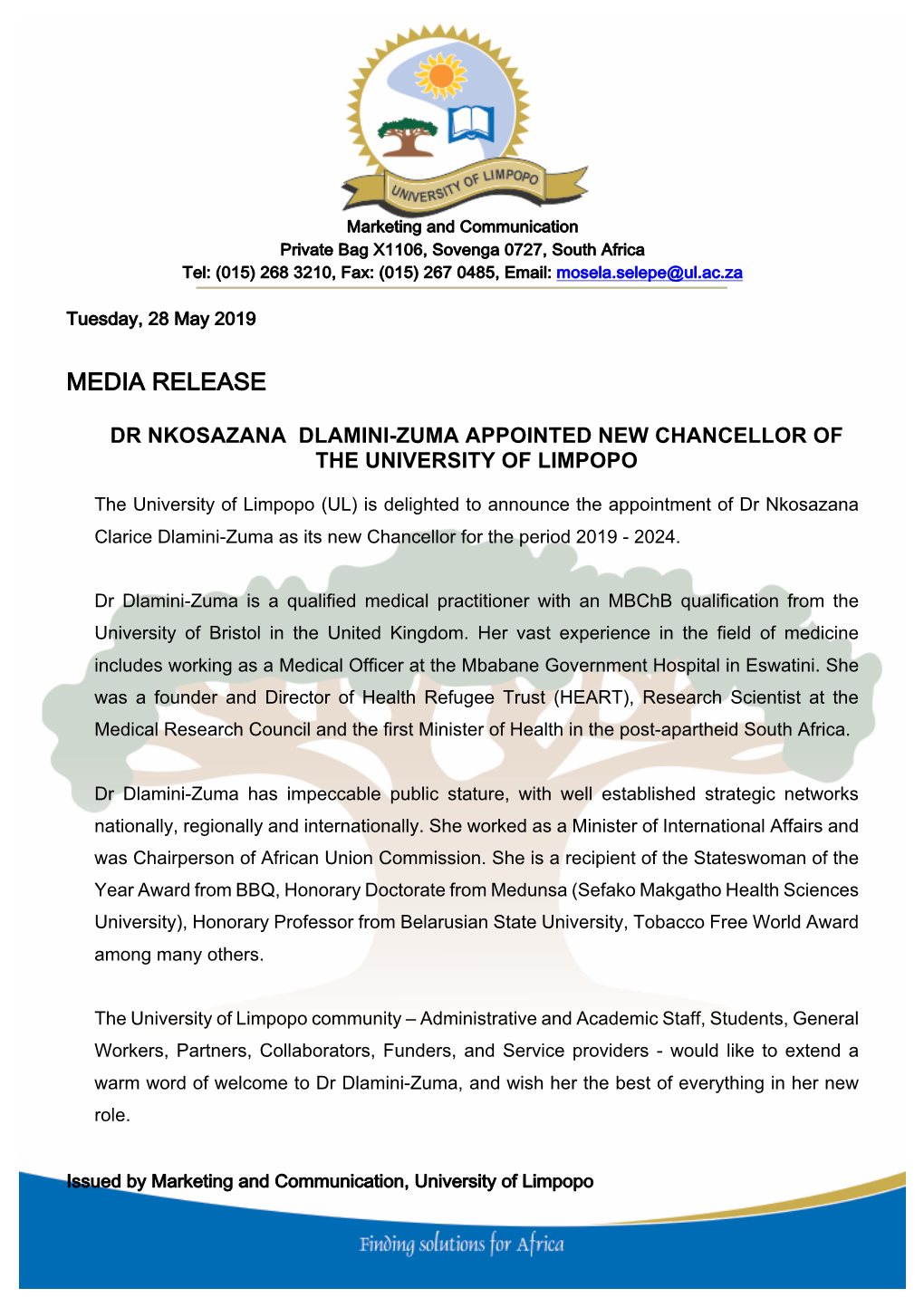Dr Nkosazana Dlamini-Zuma Appointed New Chancellor of the University of Limpopo