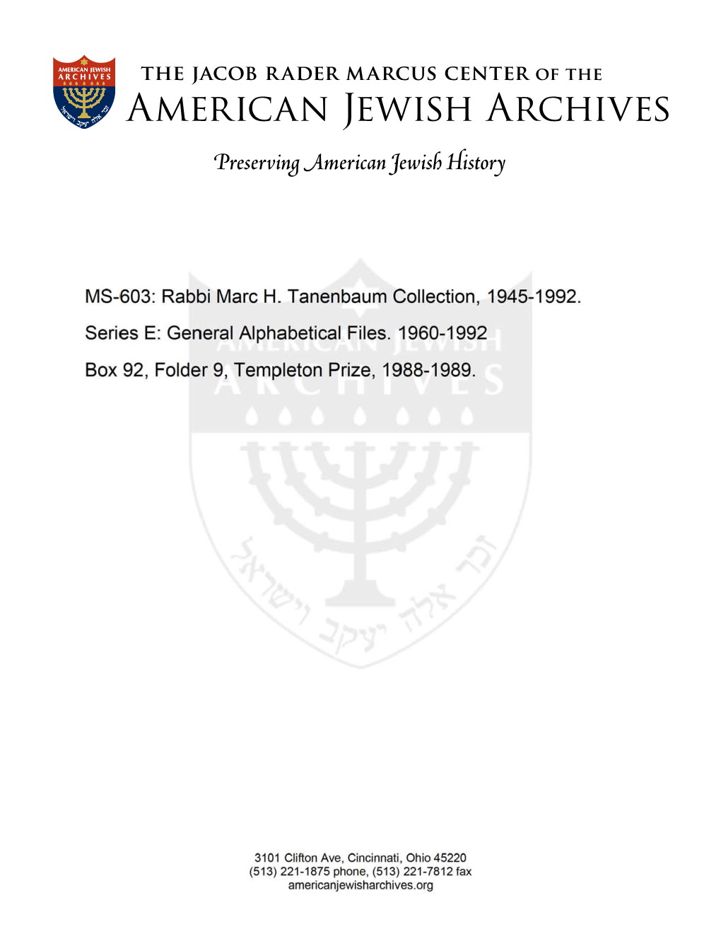 MS-603: Rabbi Marc H. Tanenbaum Collection, 1945-1992. Series E: General Alphabetical Files