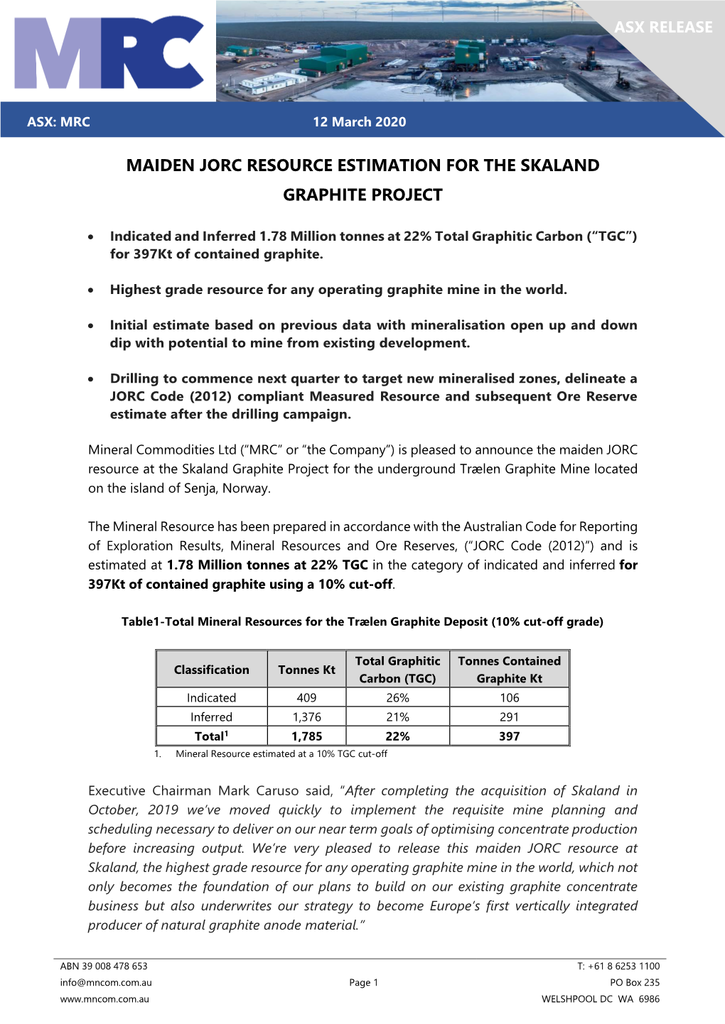 Maiden Jorc Resource Estimation for the Skaland Graphite Project