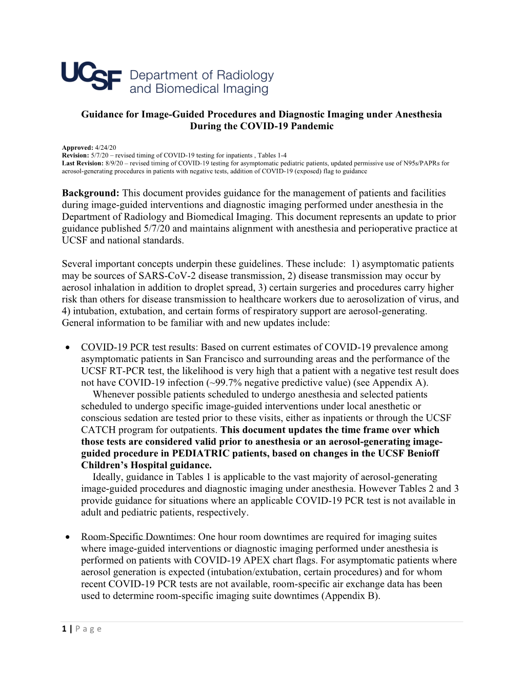 Guidance for Image-Guided Procedures and Diagnostic Imaging Under Anesthesia During the COVID-19 Pandemic