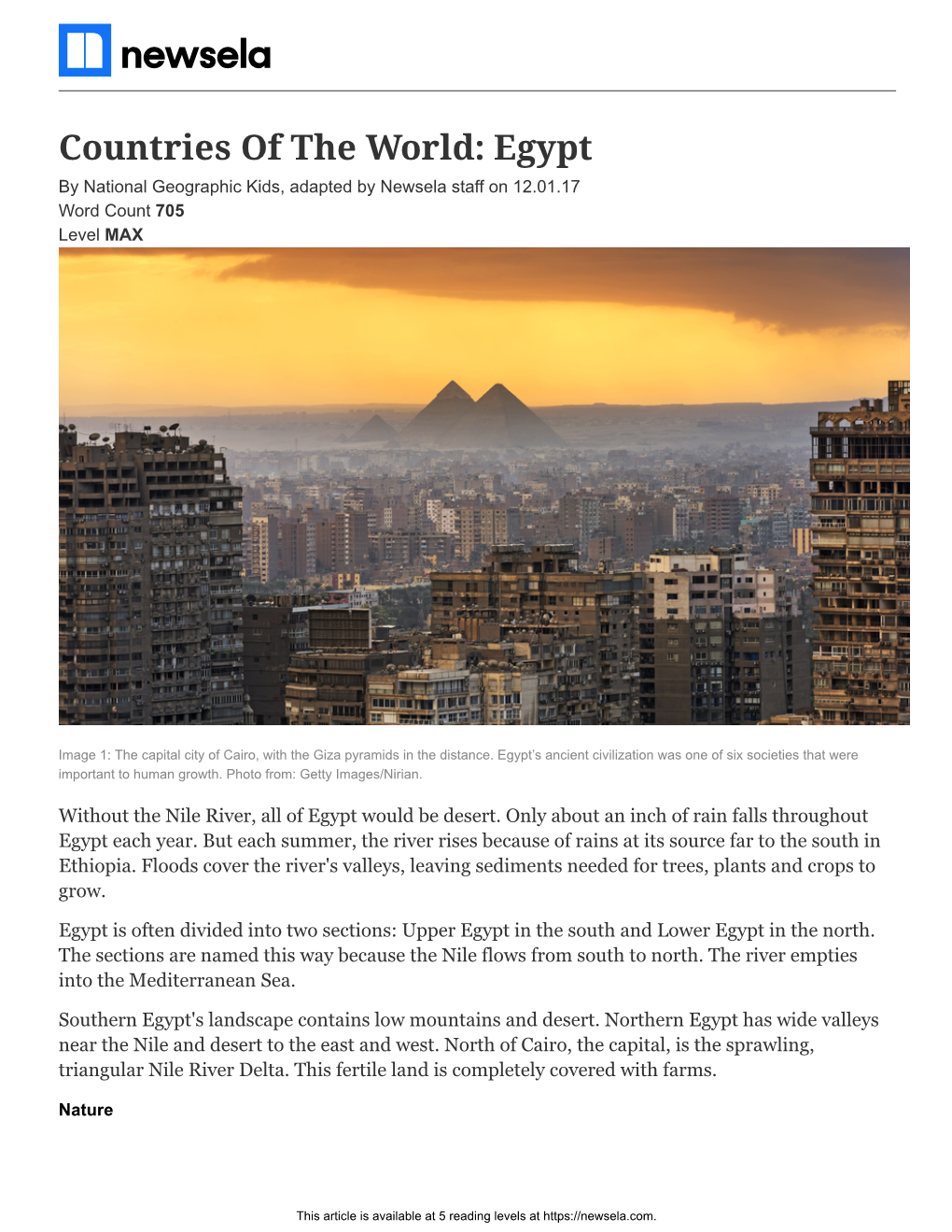 Countries of the World: Egypt by National Geographic Kids, Adapted by Newsela Staff on 12.01.17 Word Count 705 Level MAX