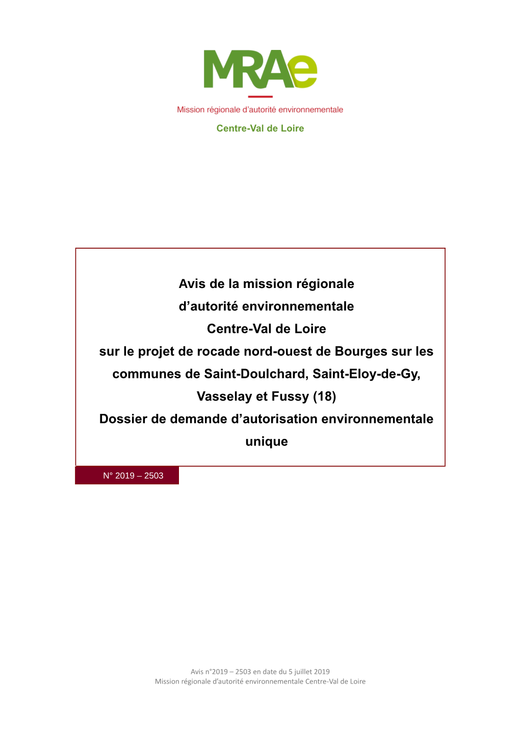 Avis De La Mission Régionale D'autorité Environnementale Centre-Val De