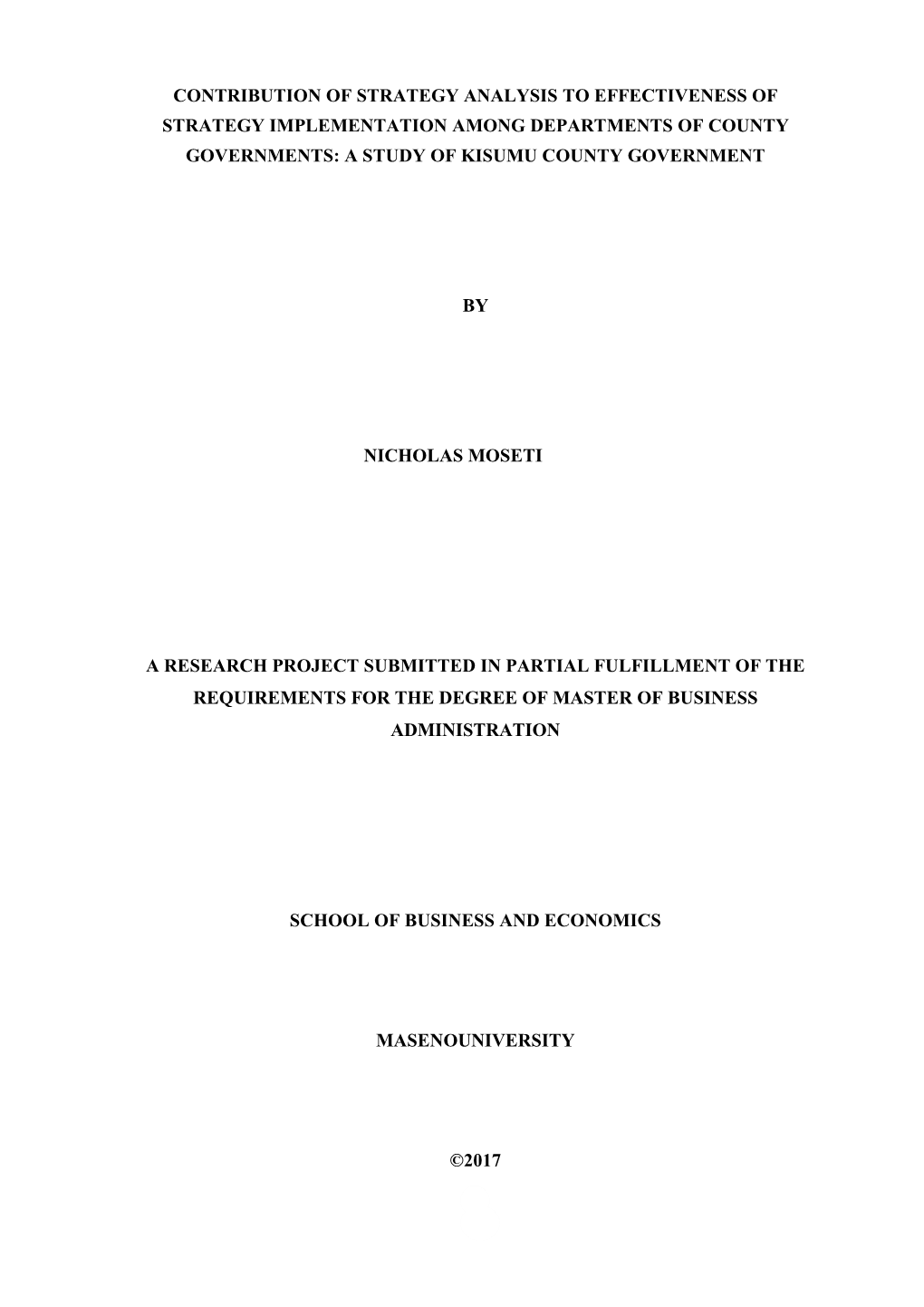 Contribution of Strategy Analysis to Effectiveness of Strategy Implementation Among Departments of County Governments: a Study of Kisumu County Government