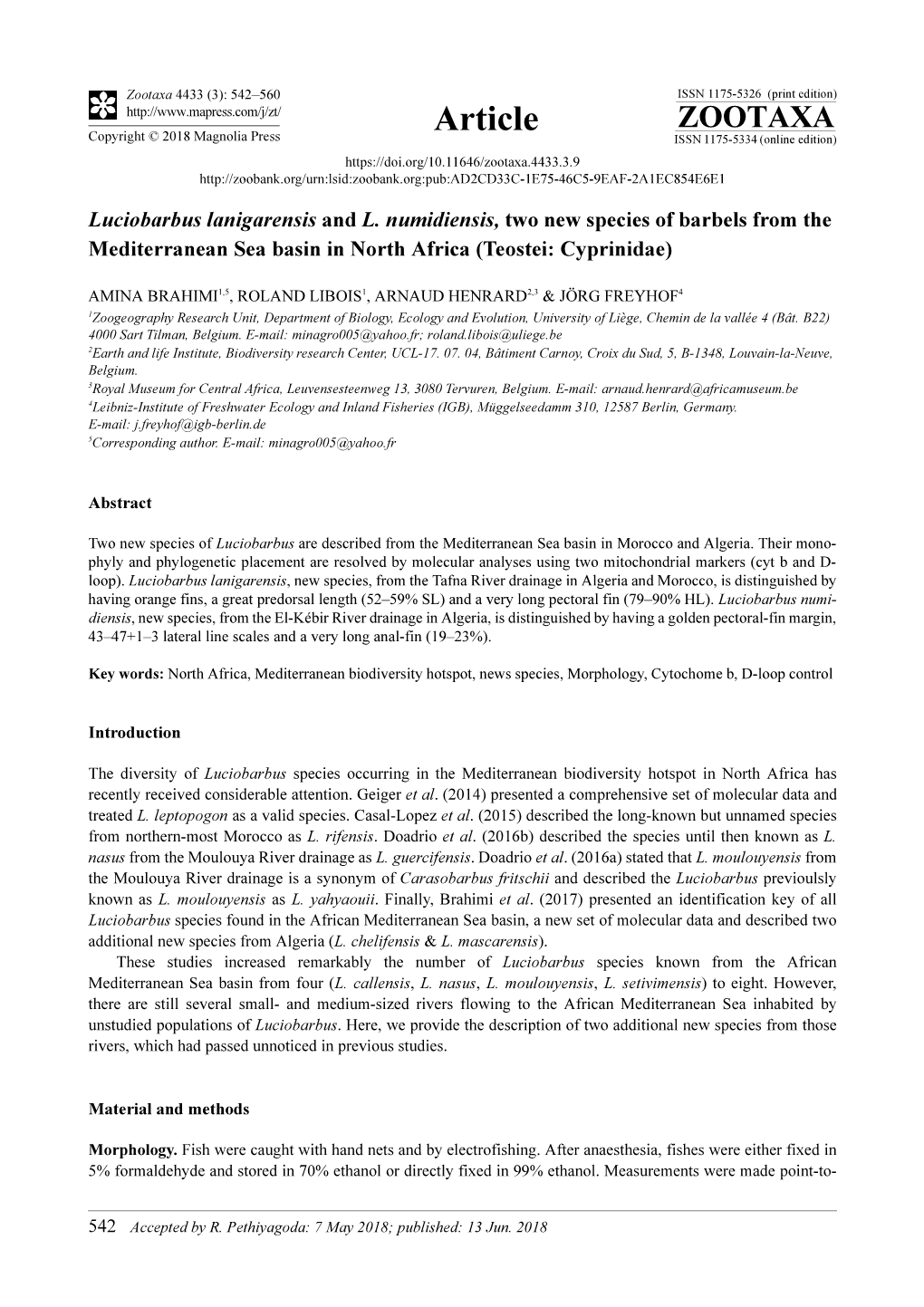 Luciobarbus Lanigarensis and L. Numidiensis, Two New Species of Barbels from the Mediterranean Sea Basin in North Africa (Teostei: Cyprinidae)