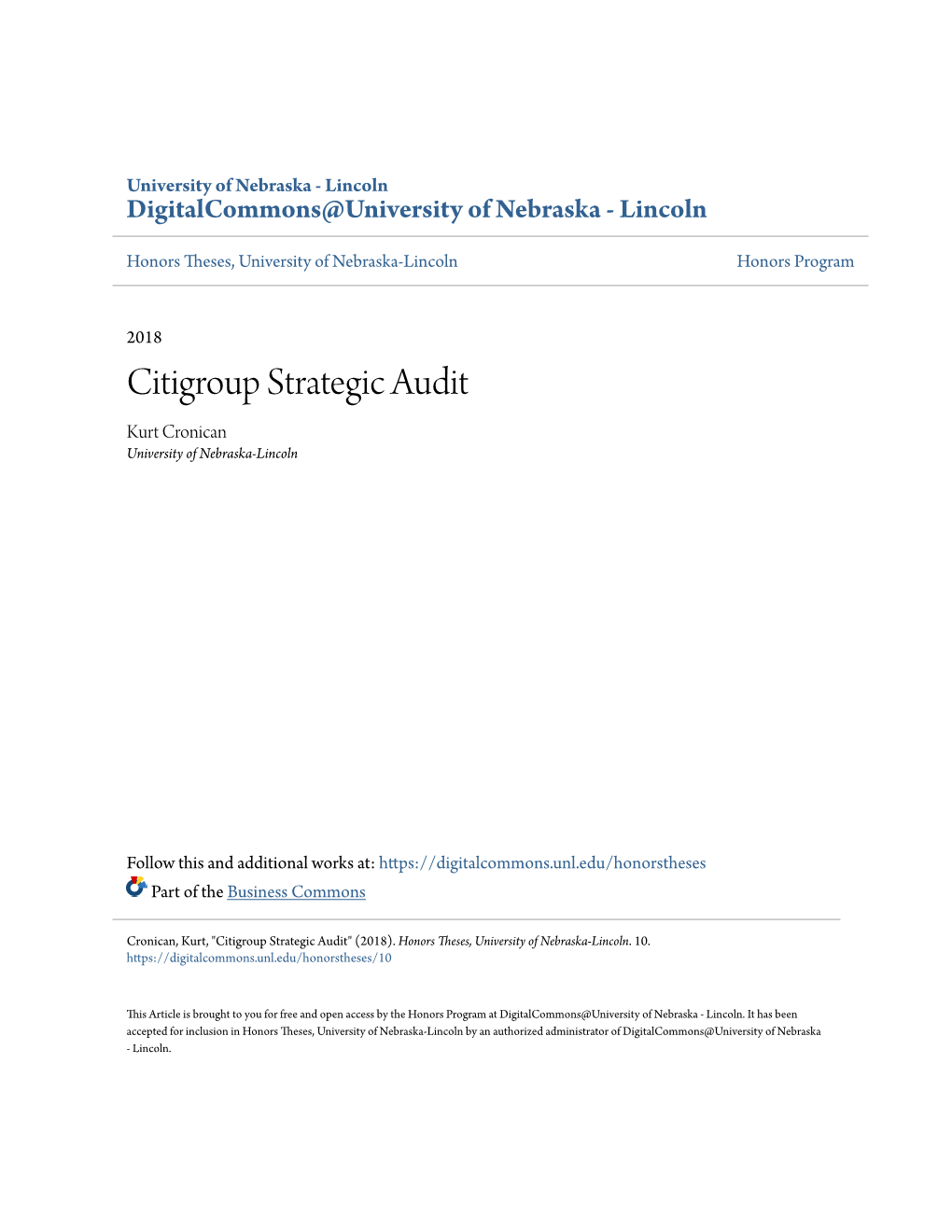 Citigroup Strategic Audit Kurt Cronican University of Nebraska-Lincoln