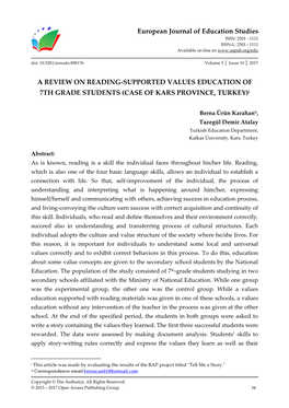 A Review on Reading-Supported Values Education of 7Th Grade Students (Case of Kars Province, Turkey)