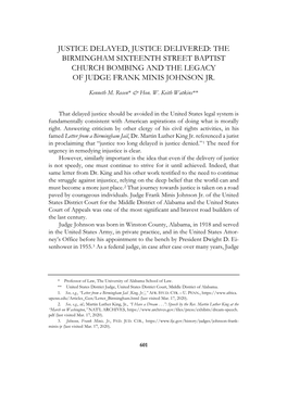 The Birmingham Sixteenth Street Baptist Church Bombing and the Legacy of Judge Frank Minis Johnson Jr