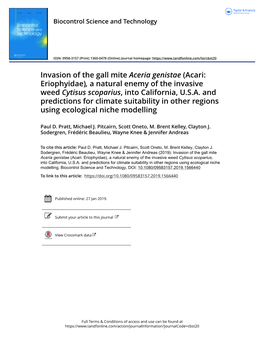 Invasion of the Gall Mite Aceria Genistae (Acari: Eriophyidae), a Natural Enemy of the Invasive Weed Cytisus Scoparius, Into California, U.S.A