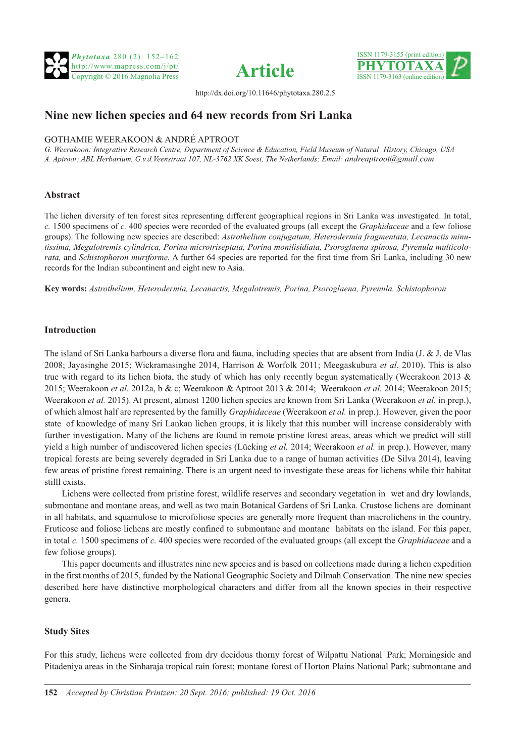 Nine New Lichen Species and 64 New Records from Sri Lanka