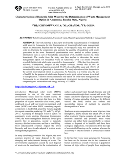 Characterisation of Domestic Solid Waste for the Determination of Waste Management Option in Amassoma, Bayelsa State, Nigeria