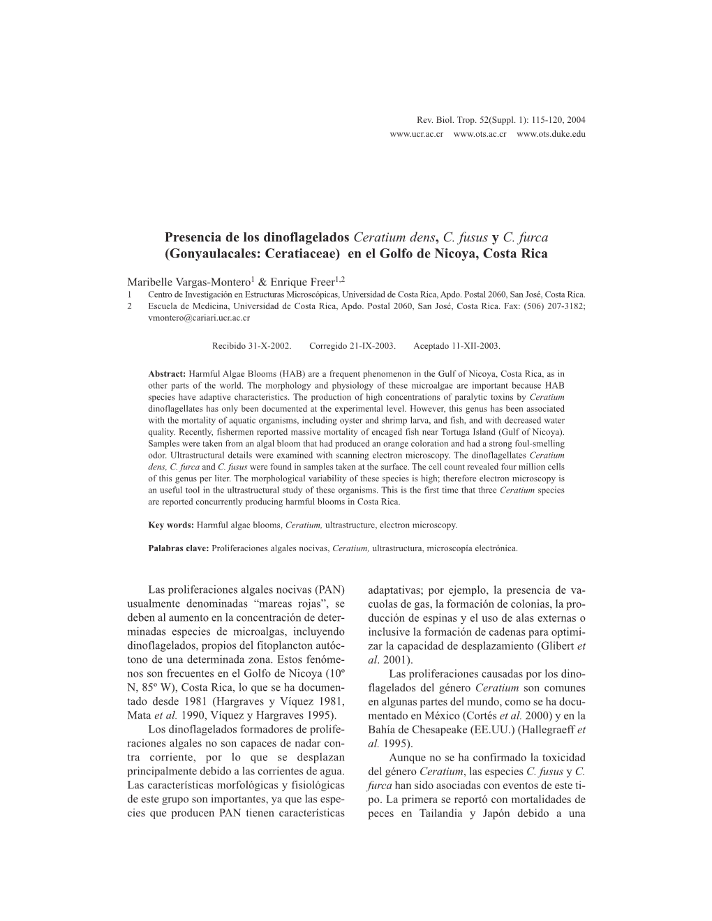 Presencia De Los Dinoflagelados Ceratium Dens, C. Fusus Y C. Furca (Gonyaulacales: Ceratiaceae) En El Golfo De Nicoya, Costa Rica