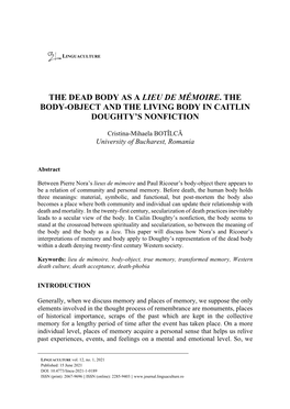 The Dead Body As a Lieu De Mémoire. the Body-Object and the Living Body in Caitlin Doughty's Nonfiction
