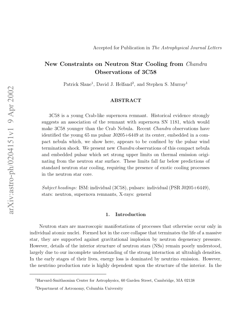 Arxiv:Astro-Ph/0204151V1 9 Apr 2002