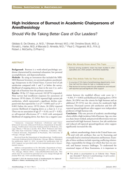 High Incidence of Burnout in Academic Chairpersons of Anesthesiology Should We Be Taking Better Care of Our Leaders?