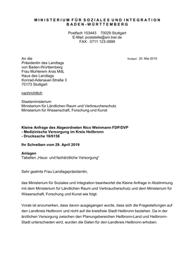 Medizinische Versorgung Im Kreis Heilbronn - Drucksache 16/6158