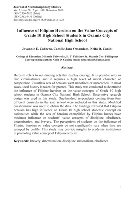 Influence of Filipino Heroism on the Value Concepts of Grade 10 High School Students in Ozamiz City National High School