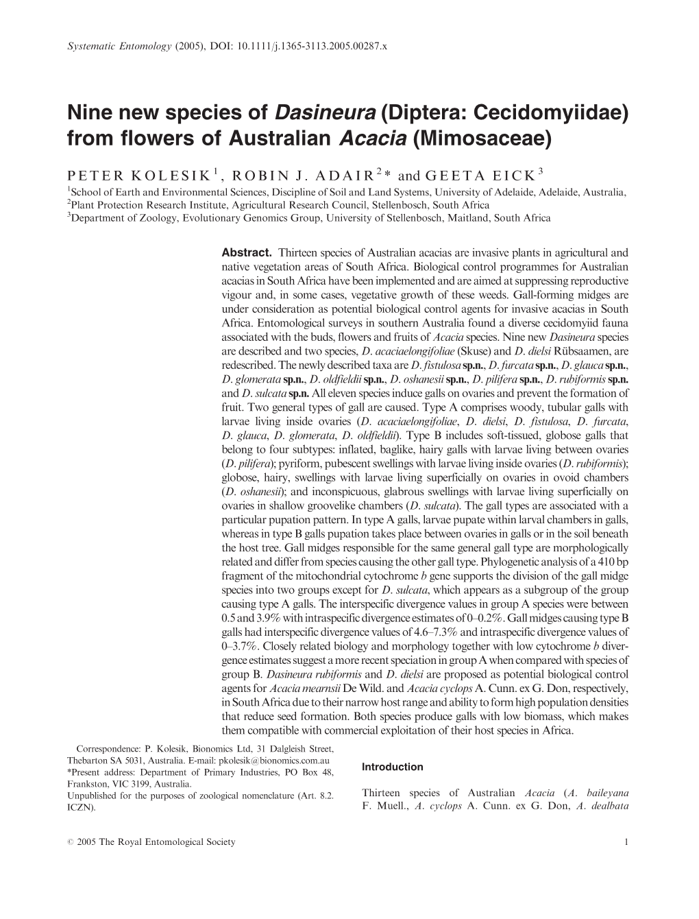 Nine New Species of Dasineura (Diptera: Cecidomyiidae) from Flowers of Australian Acacia (Mimosaceae)