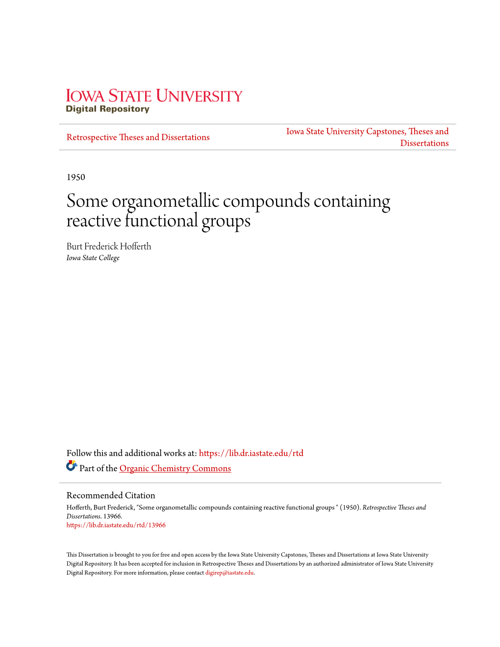 Some Organometallic Compounds Containing Reactive Functional Groups Burt Frederick Hofferth Iowa State College