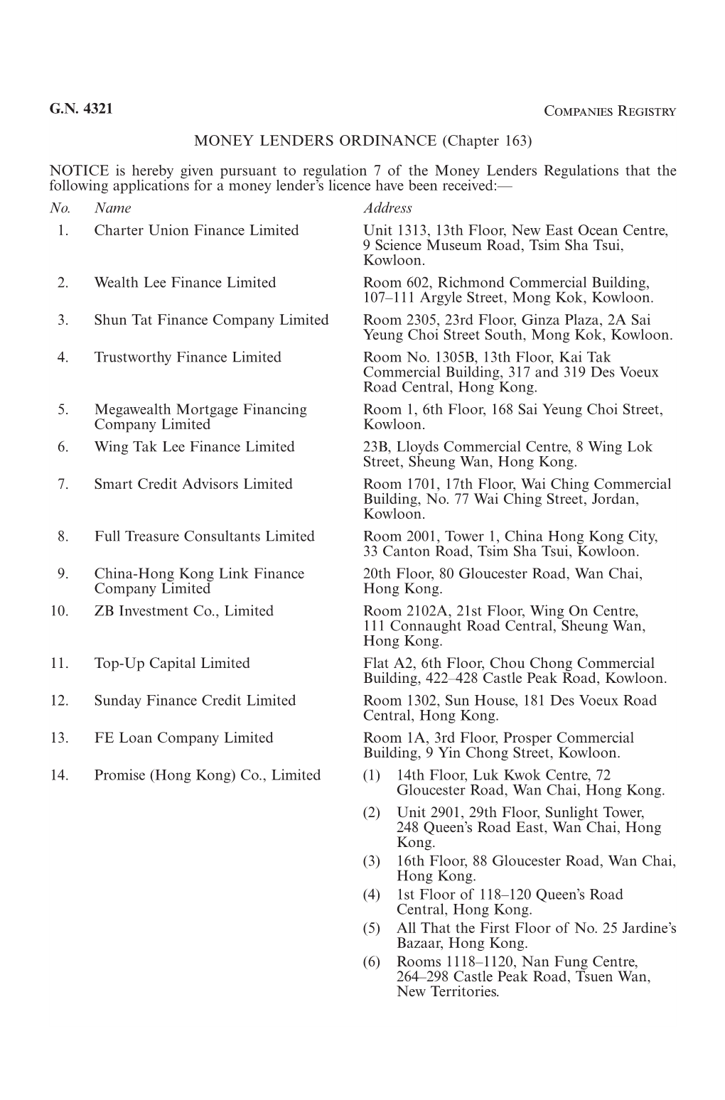 G.N. 4321 Companies Registry MONEY LENDERS ORDINANCE