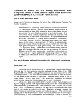 Summary of Mineral and Iron Binding Polyphenolic Plant Compound Levels in Diets Offered Captive Black Rhinoceros (Diceros Bicornis) in 3 Zoos and 1 Ranch in Texas