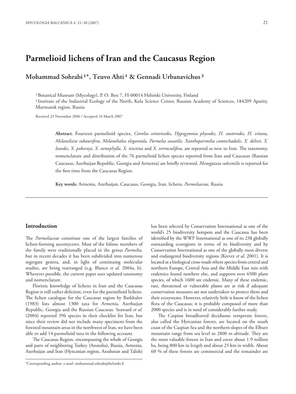 Parmelioid Lichens of Iran and the Caucasus Region