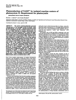 Photoreduction of NADP+ by Isolated Reaction Centers of Photosystem II: Requirement for Plastocyanin (Photosynthesis/Electron Transport/Pheophytin) DANIEL 1