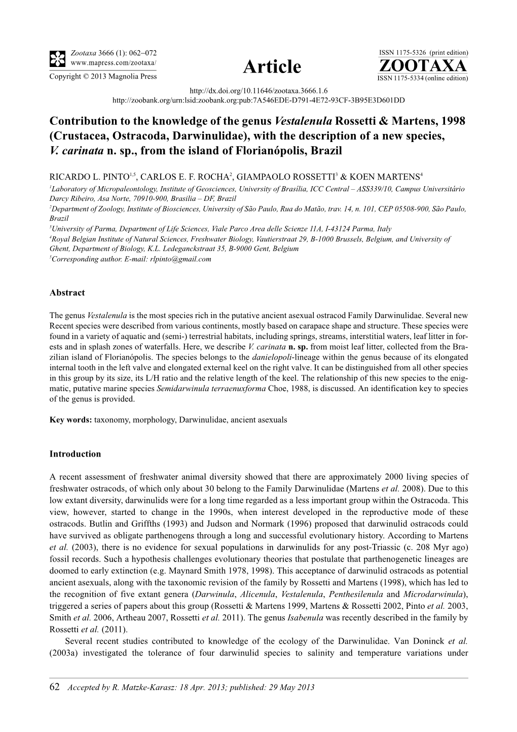 Crustacea, Ostracoda, Darwinulidae), with the Description of a New Species, V