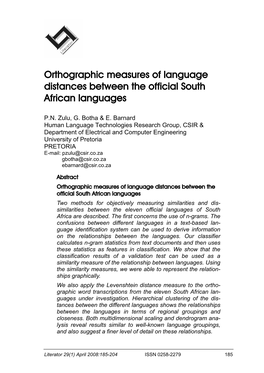 Orthographic Measures of Language Distances Between the Official South African Languages