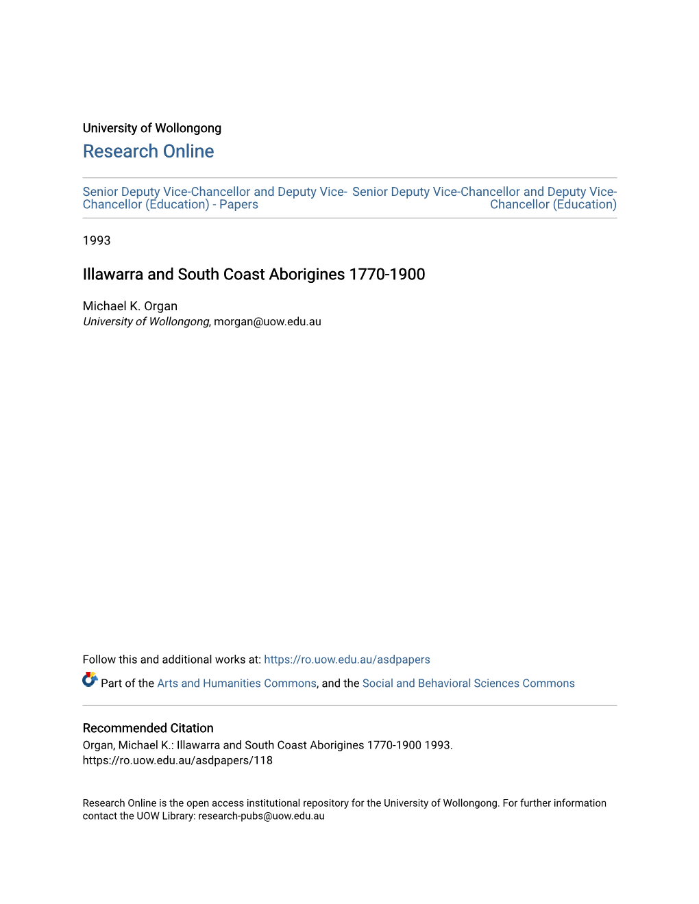 Illawarra and South Coast Aborigines 1770-1900