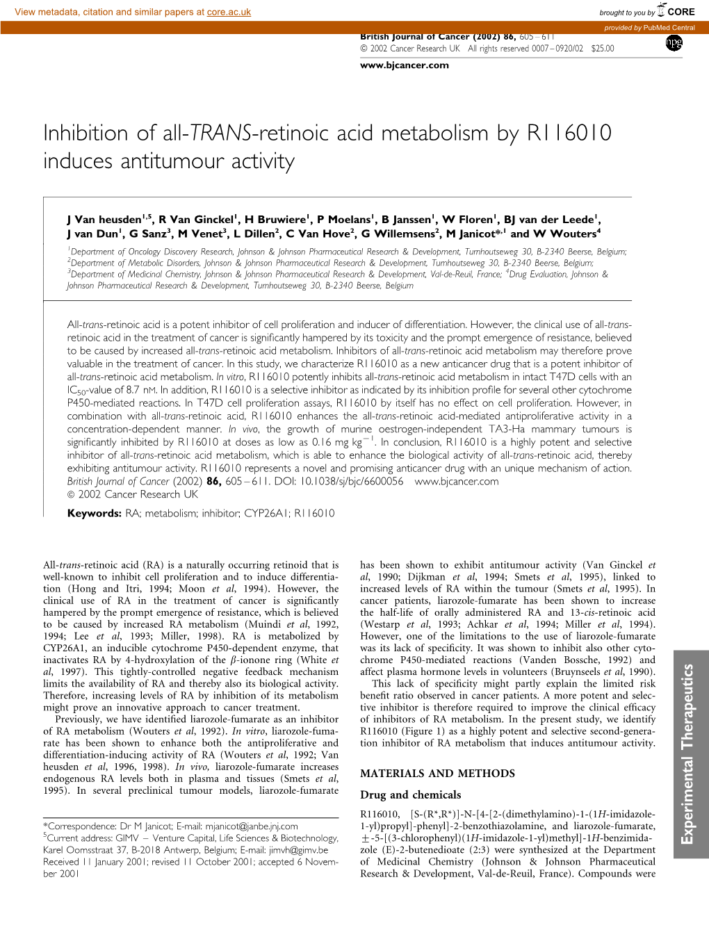 Inhibition of All-TRANS-Retinoic Acid Metabolism by R116010 Induces Antitumour Activity