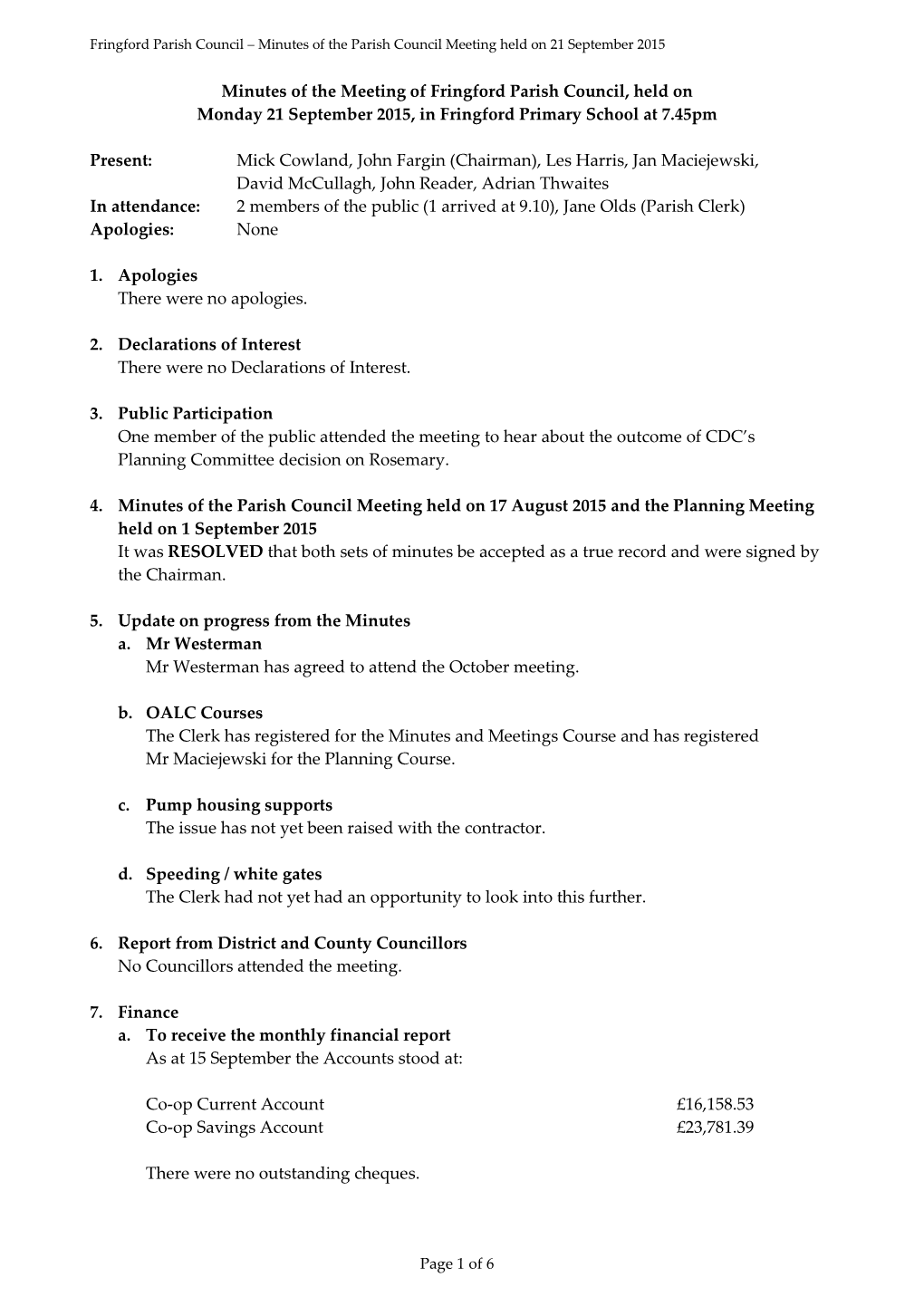 Minutes of the Meeting of Fringford Parish Council, Held on Monday 21 September 2015, in Fringford Primary School at 7.45Pm Pres